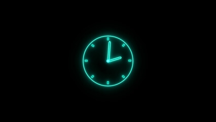 Abstract neon clock icon illustration. Digital and analog clock 24 hours isolated on black background 4k illustration.
