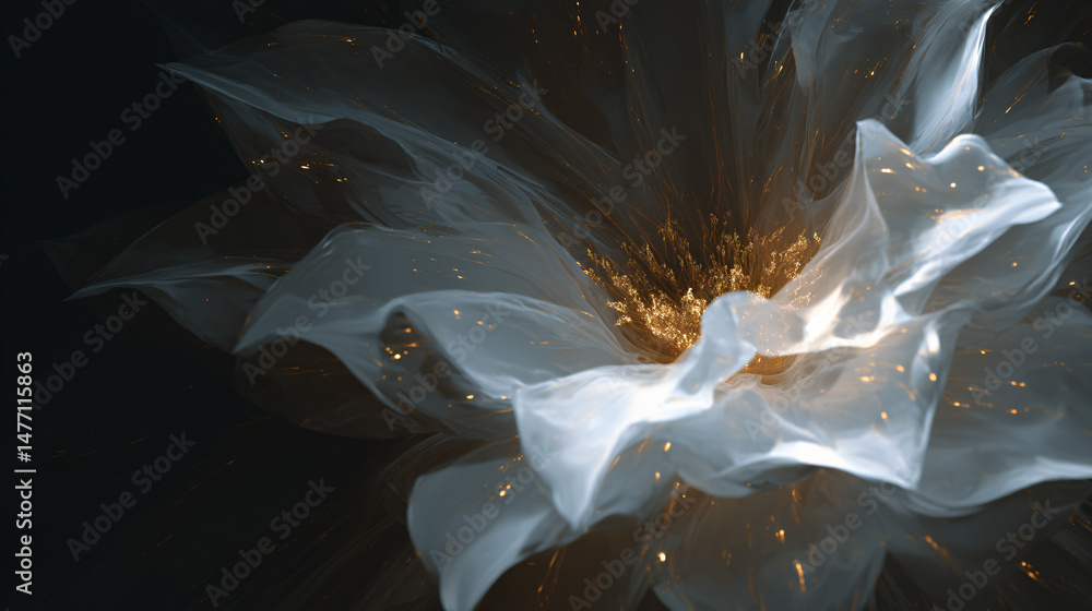 Poster translucent ethereal flower with a golden core - hyperreal macro art (duplicate of prompt ).