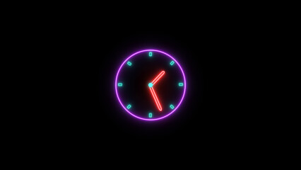 Abstract neon clock icon illustration. Digital and analog clock 24 hours isolated on black background 4k illustration.
