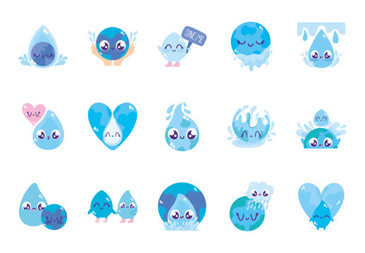 Blue Cute Drop Planet Nature Climate Sticker Set