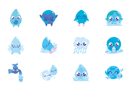 Blue Water Earth Drop Tap Rain Icons Set