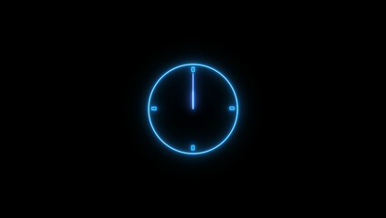 Abstract neon clock icon illustration. Digital and analog clock 24 hours isolated on black background 4k illustration.
