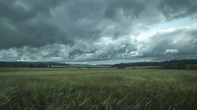 A field of tall grass under a dramatic cloudy sky with distant trees and land visible in the background