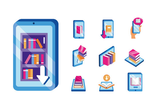Blue And Fucshia Book Mobile Digital Reading Icons Set