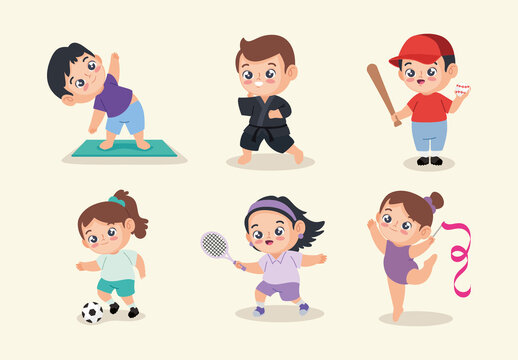 Colorful Kids Playing Sports Activities Illustration Set
