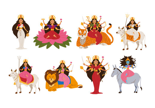 Colorful Hindu Deity Goddess Navratri Celebration Illustration Set