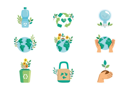 Green And Blue Sustainable Nature Eco Friendly Icons Set