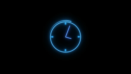 Abstract neon clock icon illustration. Digital and analog clock 24 hours isolated on black background 4k illustration.
