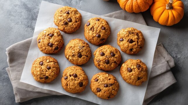 Delicious chocolate chip pumpkin cookies on parchment with mini pumpkins.