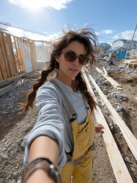 Woman construction worker taking selfie on building site under sunny sky with wooden framework in background