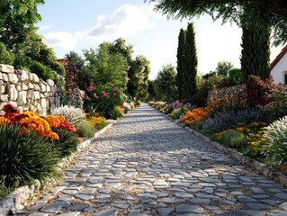 Picturesque cobblestone path lined with colorful gardens