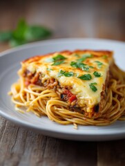 Fototapeta premium Delicious spaghetti pie slice with melted cheese and basil on rustic wooden table.