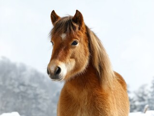 Winter Scene with a Horse in Snowy Mountains