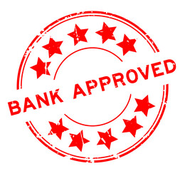 Grunge red bank approved word with star icon round rubber seal stamp on white background