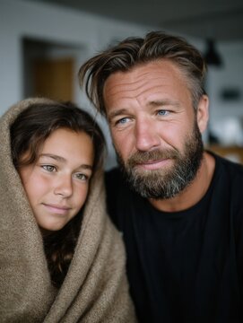 Close-up of a loving father and daughter sharing a cozy moment wrapped in a blanket indoors