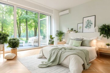 Modern Bedroom with Lush Greenery View