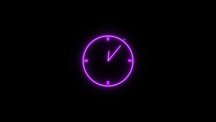 Abstract neon clock icon illustration. Digital and analog clock 24 hours isolated on black background 4k illustration.
