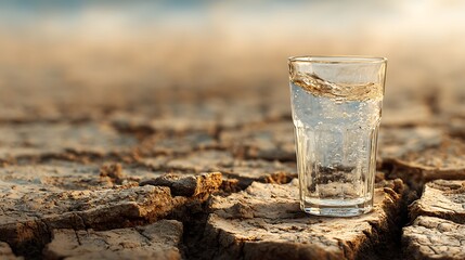 Glass of water on cracked and dry soil
