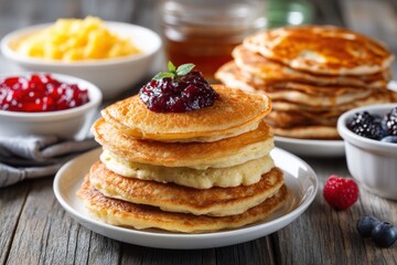 Delicious stack of fluffy pancakes with berry jam and fresh fruit on rustic table.