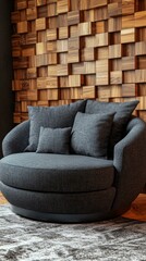 Modern Wooden Wall Paneling with Comfortable Round Sofa