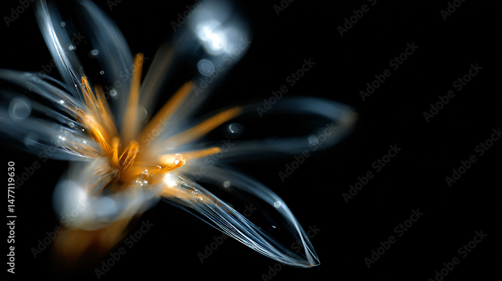 Poster translucent ethereal flower with a golden core - hyperreal macro art.