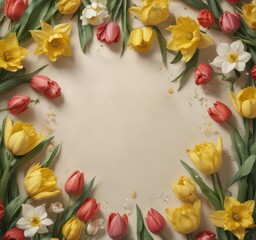 Lush tulips & daffodils burst forth on textured, creamy paper  ,  springtime,  spring bloom,  bloom