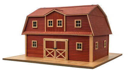 Red Wooden Barn with a Gambrel Roof, Light Wood Trim, and Double Doors - Rural Farm Building