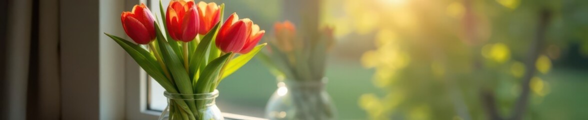 Rustic tulip stems, charming heart, clear glass vase, windowsill setting , image, flowers