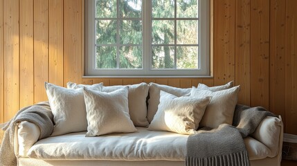 Cozy Linen Sofa with Wooden Wall and Sunlight