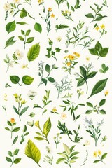 Botanical illustration of various leaves and flowers on white background, flat lay, watercolor style, studio shot