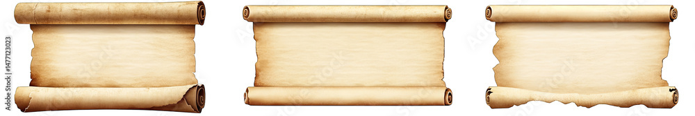 Poster three blank scrolls with one having a torn edge isolated on a transparent background