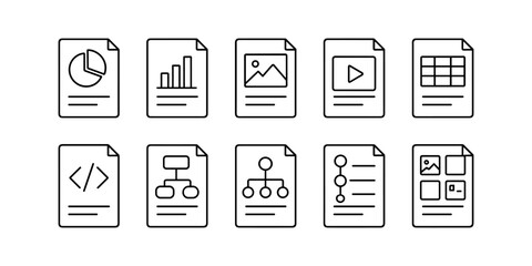 Flat icons of document types including video, analytics and programming