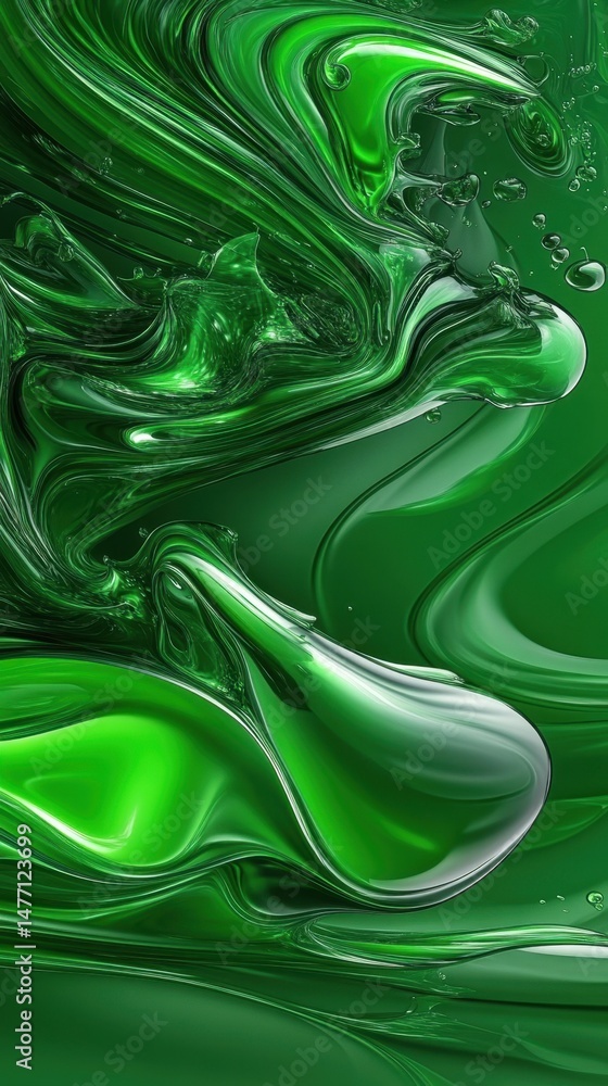 Poster emerald green liquid abstract art flowing in dynamic motion with glossy reflections studio shot