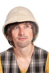 Distinctive attire reveals a thoughtful expression in a unique costume