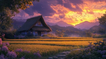 A traditional thatched-roof cottage surrounded by a patchwork of rice fields under a dramatic sunset sky