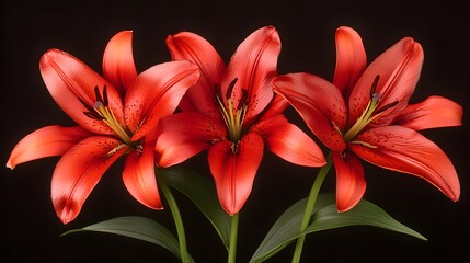 Obraz premium Trio of Vibrant Red Lilies Close Up Black Background