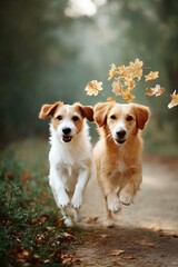 Two Dogs Running in Autumn Forest Pathway