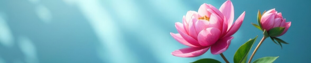 Fototapeta premium Sun-dappled peony, serene blue, minimalist style, sun, backdrop, photography