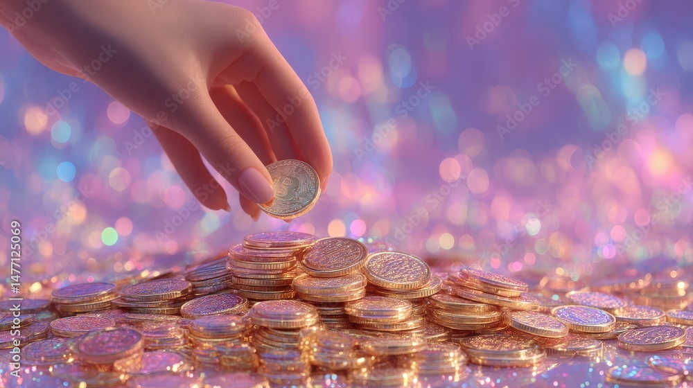 Poster hand picking coin from pile with bokeh background in digital style