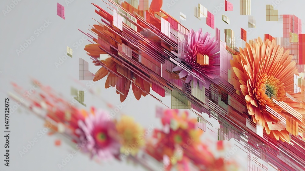 Poster digital floral abstract composition, blending nature with computational design