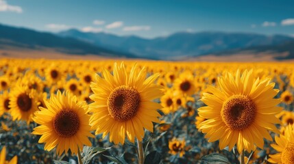 Obraz premium Vibrant Sunflower Field Under Blue Sky on a Bright Day