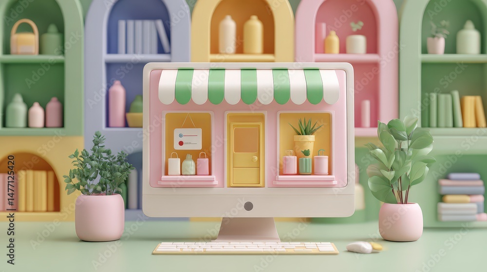 Poster digital display of colorful shopfront with decorative elements