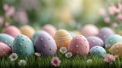 Colorful Easter Eggs on Grass with Blossoming Flowers and Soft Light