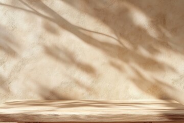 Empty Wooden Table Top Against Beige Wall with Shadow