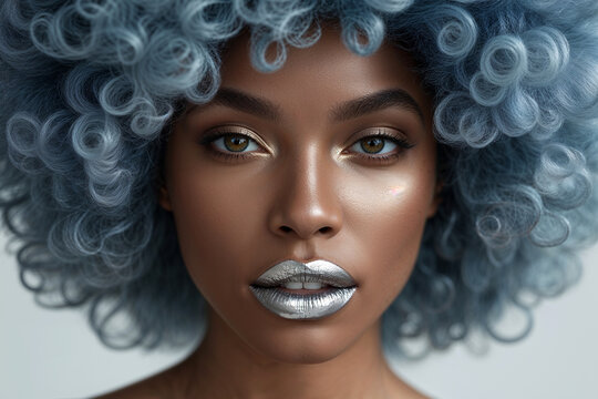 Closeup of African woman with voluminous sky blue afro and metallic silver lips