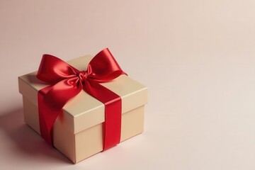Fototapeta premium Elegant red ribbon tied on brown gift box Pastel backdrop , box, ribbon, flat lay