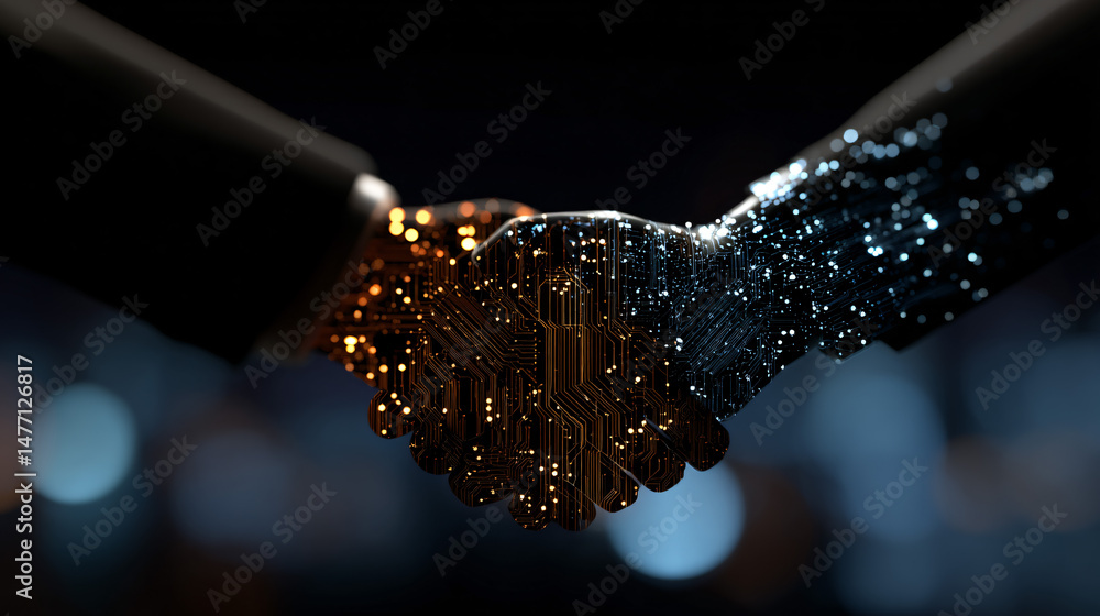 Poster two hands shaking with a digital circuit and technology, symbolizing innovation and partnership in t
