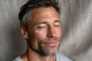 Obraz premium A mature man with a content smile enjoys the application of facial cream, reflecting self-care and tranquility in a serene atmosphere.