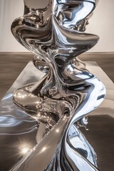 Abstract Chrome Sculpture Close Up at an Art Gallery Modern Art Twist Metal Reflective Surface Contemporary Design