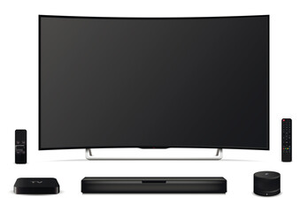 Realistic curved tv screen, remote control, sound bar, tv set-top box and smart speaker